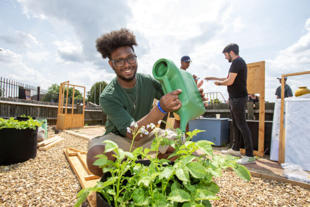 Young man watering plant